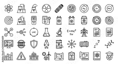 Quadro su tela Nuclear Energy and Atomic Science Thin Line Icons Collection with Reactor Techno
