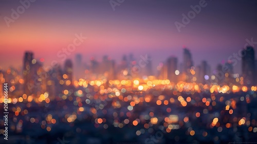 Blurred City Skyline at Sunset with Bokeh Lights