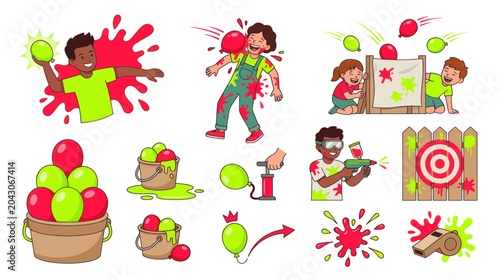 Foto Children Playing with Water Balloons and Paint Splatter Fun
