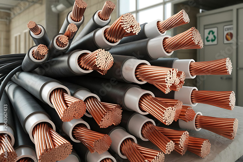High Voltage Copper Electrical Power Cables Bundle with Exposed Conductors in Industrial Manufacturing Environment