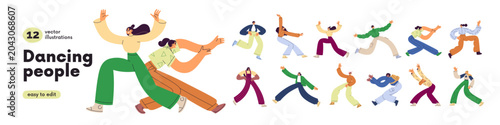 Foto Happy active people dancing and jumping set