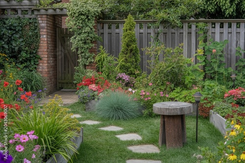 Vibrant English cottage garden with stone path and colorful flowers in front of a brick house plants
