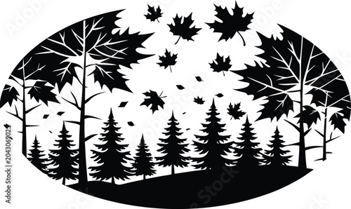 Foto Maple leaves falling over a forest of pine trees