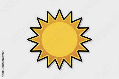 Bright Yellow Sun Icon with Bold Black Outline and Spiky Rays, Flat Cartoon Sticker Design on Light Background