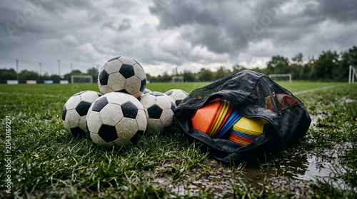 ​Soccer balls and training cones on wet grass field under stormy sky