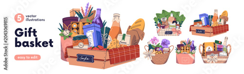 Gift baskets with food, sweets and cosmetics set. Snacks, wine, confectionery...