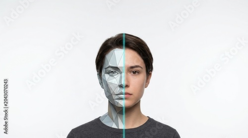 Facial recognition and digital identity concept. Portrait of a woman with face split by a glowing line into a real side and a 3D polygonal mesh. Biometric scanning and deepfake technology