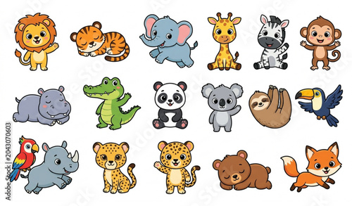 Photography Colorful Wild Animal Cartoon Collection Featuring Lion Tiger Zebra Elephant Monk