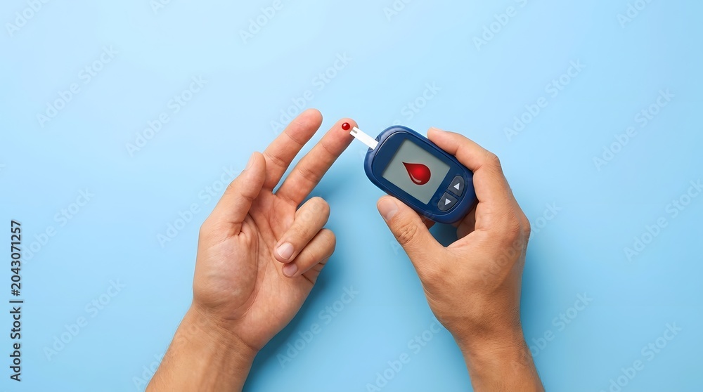 Naklejka premium A person's hands performing a blood glucose test with a meter and a finger prick, showing a drop of blood on a light blue background.