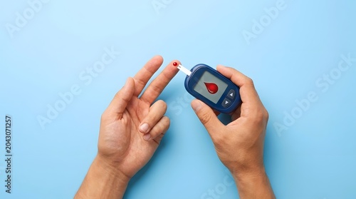 A person's hands performing a blood glucose test with a meter and a finger prick, showing a drop of blood on a light blue background.
