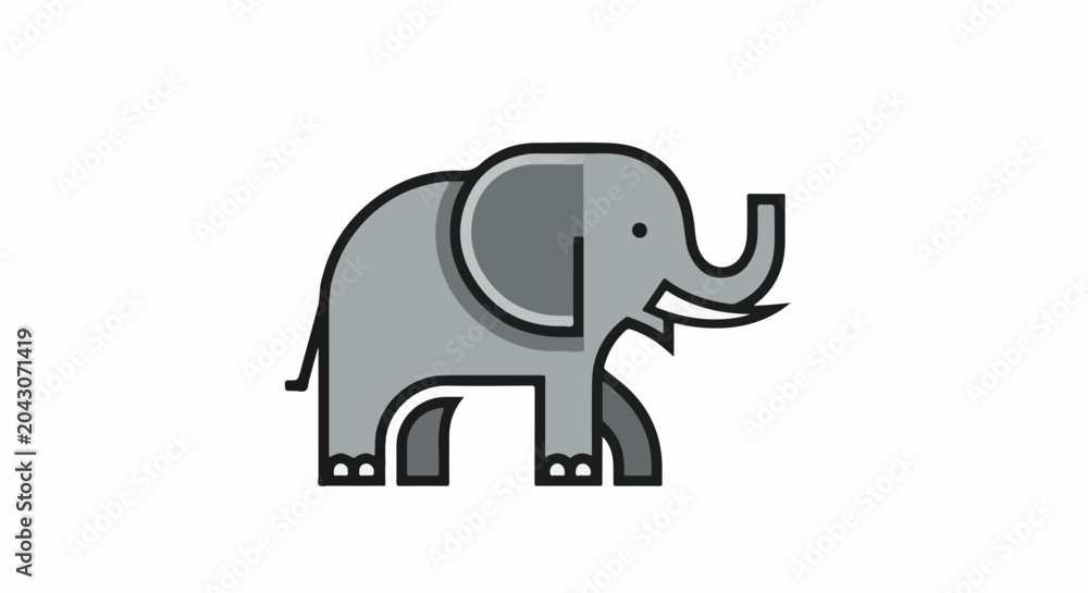 Fototapeta premium Stylized grey elephant with trunk raised, against white background