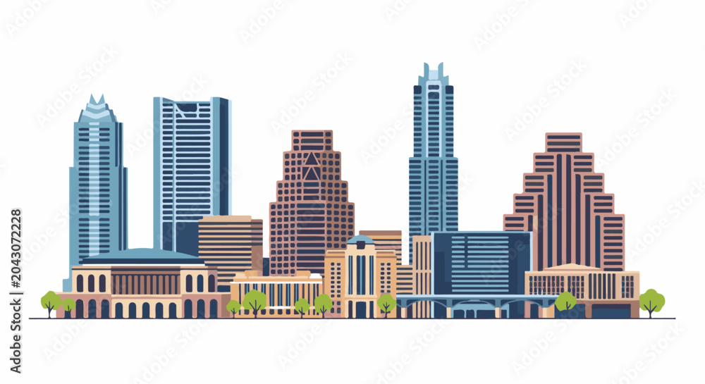 Fototapeta premium Stylized illustration of a city skyline with modern skyscrapers and classical buildings