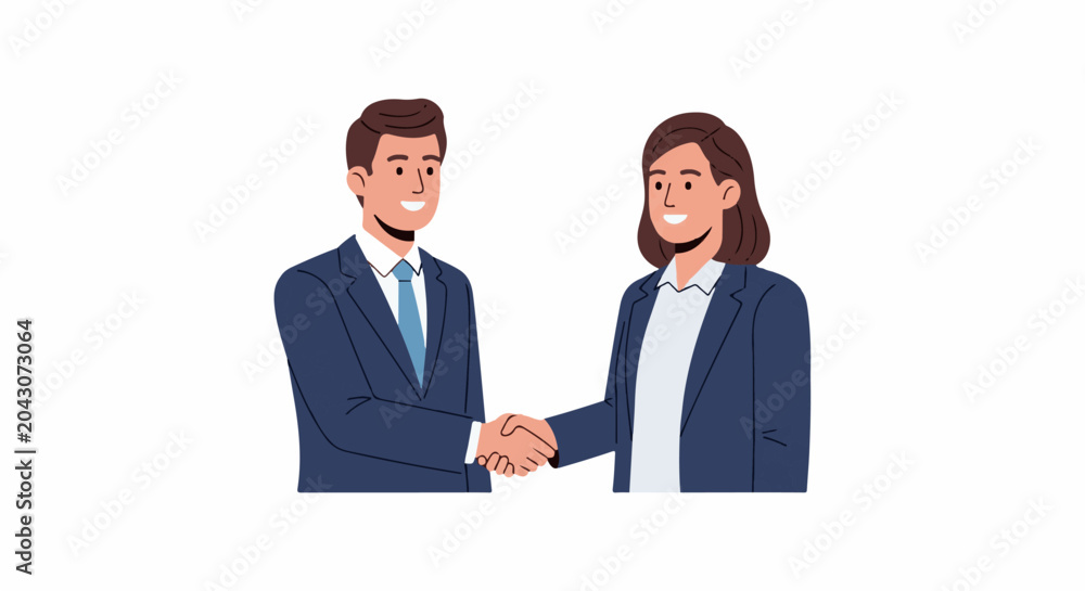 Obraz premium Two professionals in dark suits shake hands with smiles on white background