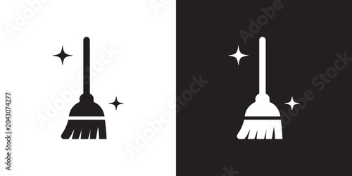 Foto Minimalist Broom Icon with Sparkles in Black Silhouette - Modern Cleaning Sweepi