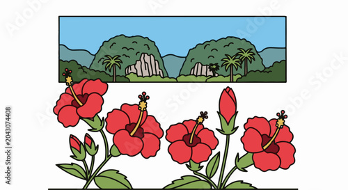 Tropical landscape with mountains, palm trees, and red hibiscus flowers