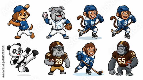 Canvas Print Collection of Six Cartoon Animal Athletes Playing Sports: Dog Baseball Player, B