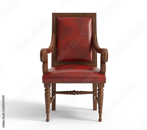 Classic wooden chair with red upholstered seat and backrest in 3 D rendering dining chair classic furniture