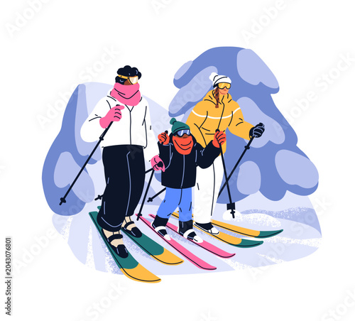 Family with kid skiing together. Parents and child on skis. Mother, father sk...