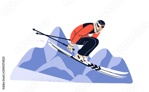Ski jumping. Freestyle skier in air during extreme trick at fast speed in alp...