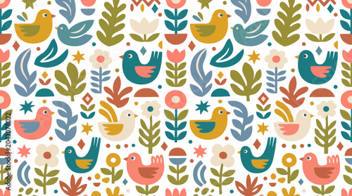 Fotografía Colorful Seamless Bird and Floral Pattern Design for Textiles and Graphics