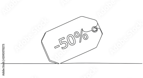 Foto Continuous line drawing of a price tag with 50 percent discount