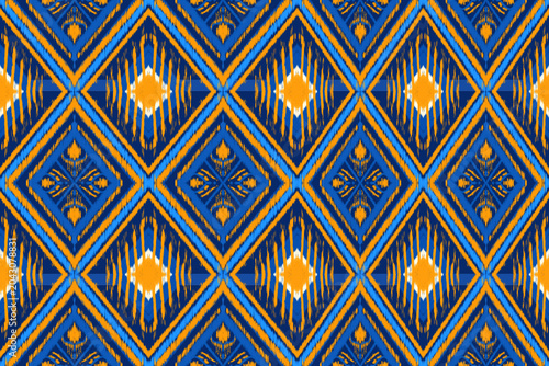 Abstract navy blue and yellow on ikat tribal fabric aztec inspired, ethnic horizontal geometric elements pattern wallpaper background.