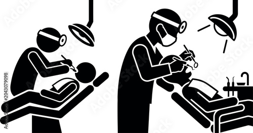 Dentist treating patient in dental clinic chair vector icon set with treatment dentistry procedure
