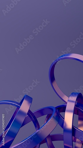 Abstract futuristic 3D render of glossy blue and purple metallic ribbons with curved geometric loops, vertical composition, close-up perspective, neon reflections, and minimal tech background. 