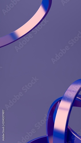 Abstract futuristic 3D render of glossy blue and purple metallic ribbons with curved geometric loops, vertical composition, close-up perspective, neon reflections, and minimal tech background. 