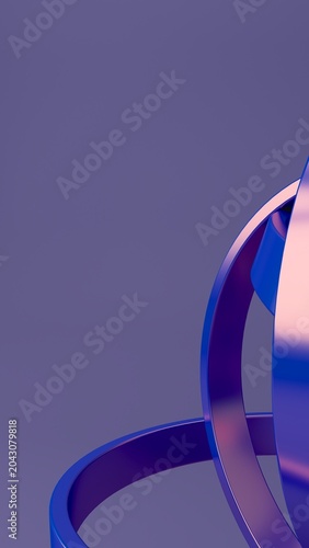Abstract futuristic 3D render of glossy blue and purple metallic ribbons with curved geometric loops, vertical composition, close-up perspective, neon reflections, and minimal tech background. 