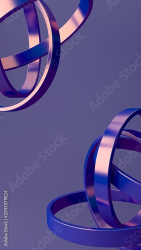 Abstract futuristic 3D render of glossy blue and purple metallic ribbons with curved geometric loops, vertical composition, close-up perspective, neon reflections, and minimal tech background. 