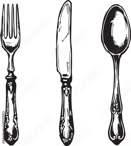 Classic Silverware Flatware Cutlery Set Isolated on White Background, Elegant Dining Utensils