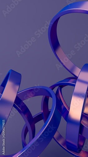 Abstract futuristic 3D render of glossy blue and purple metallic ribbons with curved geometric loops, vertical composition, close-up perspective, neon reflections, and minimal tech background. 