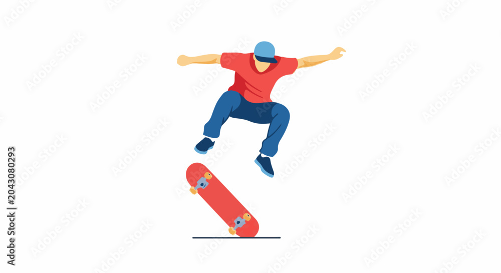 Fototapeta premium Person in mid-air performing a skateboard trick with a flat red board