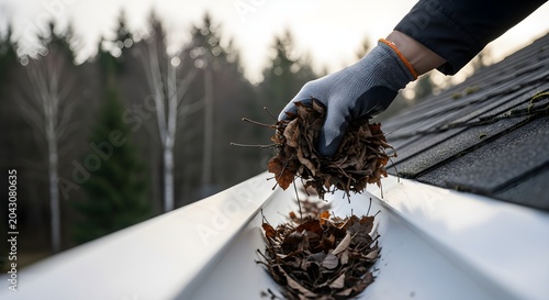 Person Clearing Clogged Gutters Full of Fallen Leaves