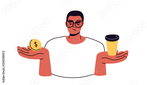 Customer choosing between spending and saving money. Man deciding about expen...