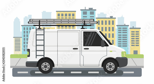 White service van with ladder rack parked in front of city buildings