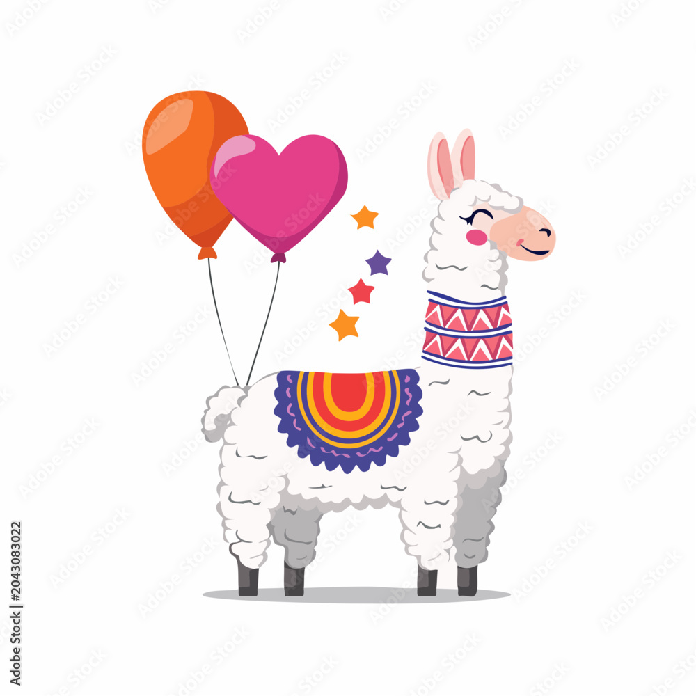 Naklejka premium Cute Llama with Balloons and Stars
