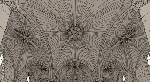Intricate Gothic vaulted ceiling with radiating stone ribbing and arched windows