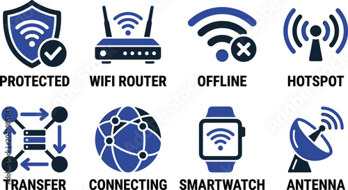 Tableau sur toile Network connectivity vector icons showing secure wifi router offline signal hotspot data transfer and globe