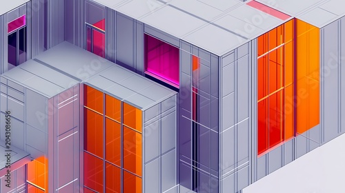 Isometric modular building with colorful windows and gray panels modern architecture design