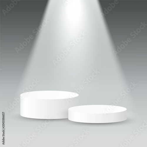 Two white blank podiums stand to show products on gray gradient background with spotlight shining, Vector illustration.