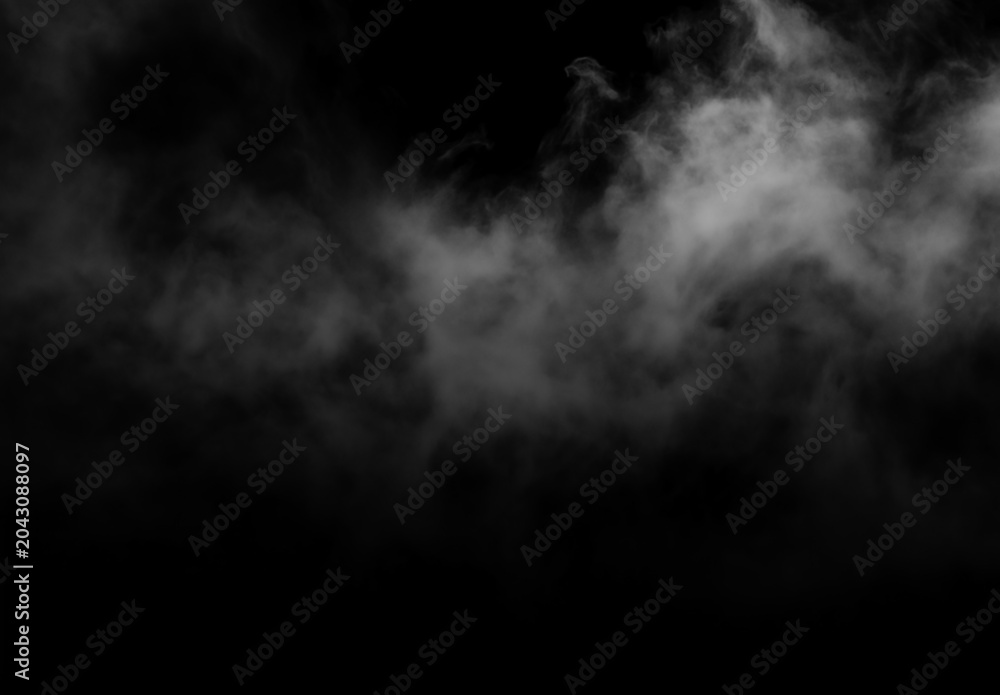 Fototapeta premium Dark fog and smoke overlay drifting across a black background, creating a soft atmospheric mist texture with moody contrast and cinematic copy space.