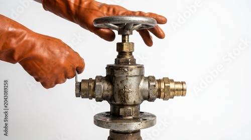 Close-up of a worker's gloved hand securing a robust industrial pipe flange connection, representing maintenance and assembly
