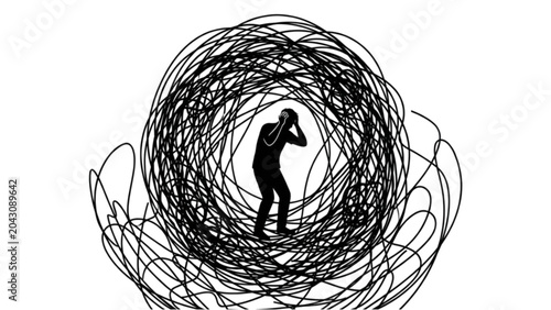 Fotografia Human Figure Enclosed in Tangled Circular Lines – Anxiety and Mental Pressure Co
