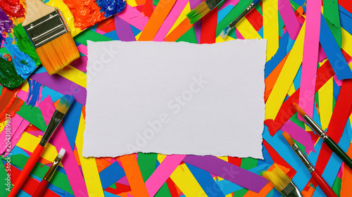 Blank flyer colorful paper art table paint brush creative workshop rainbow background paper craft poster mockup paper sheet craft supply bright