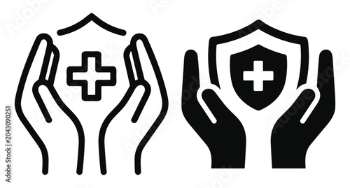 Obraz na płótnie Two hands holding a medical shield with a cross symbol representing health prote
