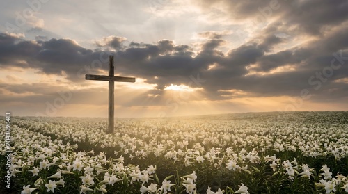Wooden Christian cross in a field of white lilies under a dramatic sunrise sky with sunbeams