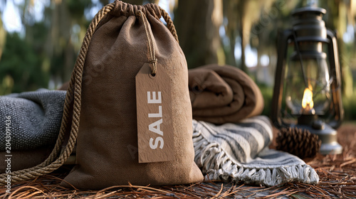 Camping gear sale mockup, canvas bag, price tag, lantern, blanket, pine cone