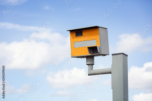 Fotografie Radar speed camera in the uk close up against blue sky background